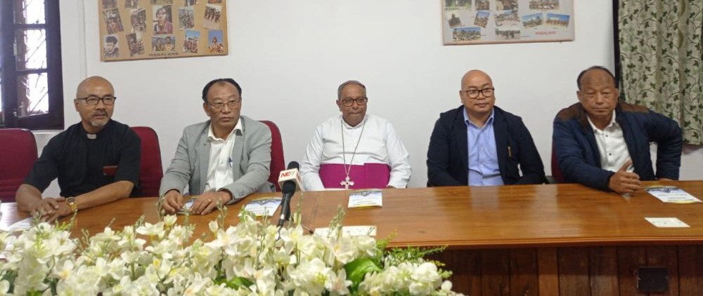 Bishop of Kohima, Most Rev Dr. James Thoppil and other organizing committee members addressing a press conference ahead of the Golden Jubilee celebration of Diocese of Kohima on October 26. (Morung Photo)